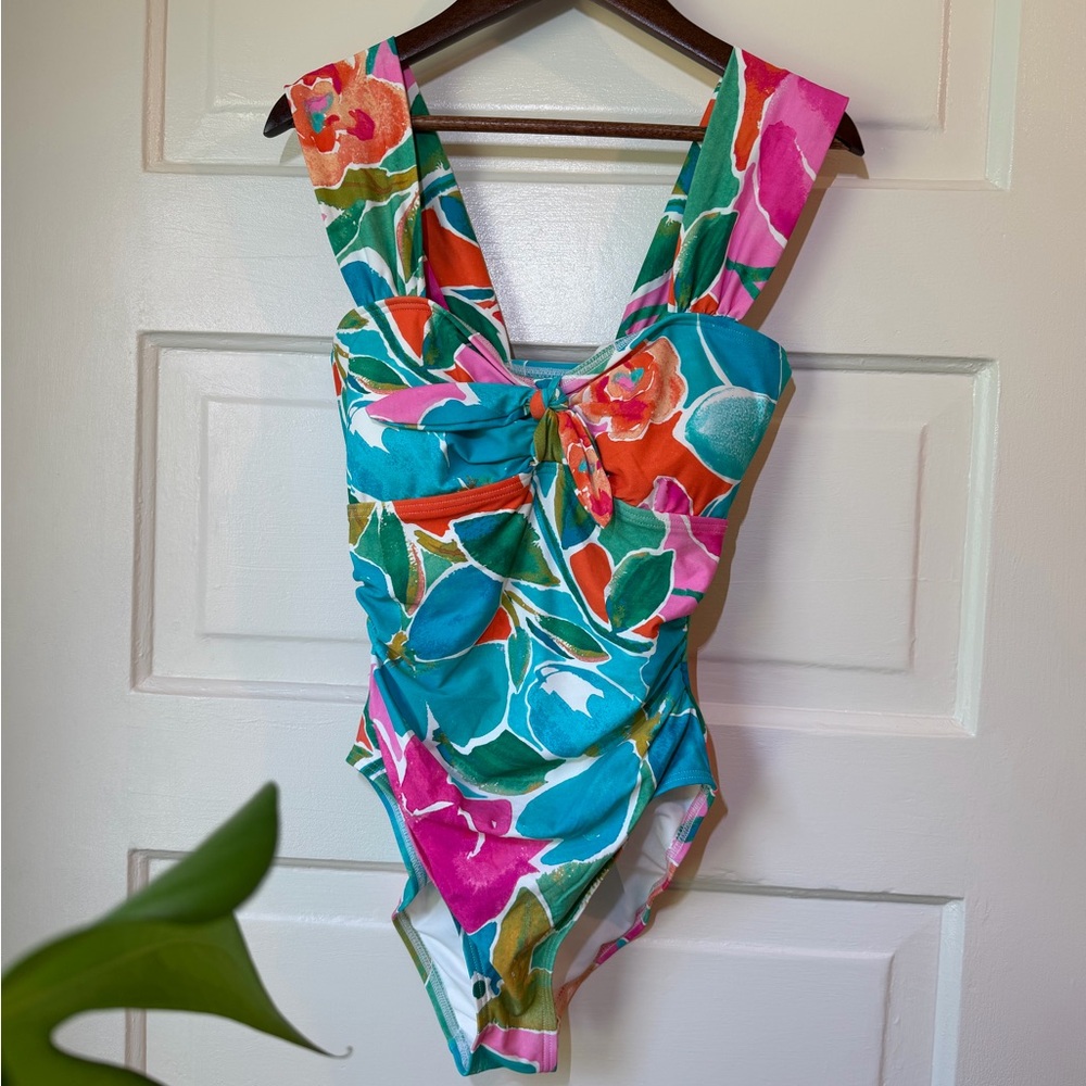 Floral Twist-Front One-Piece Swimsuit in Teal & Pink